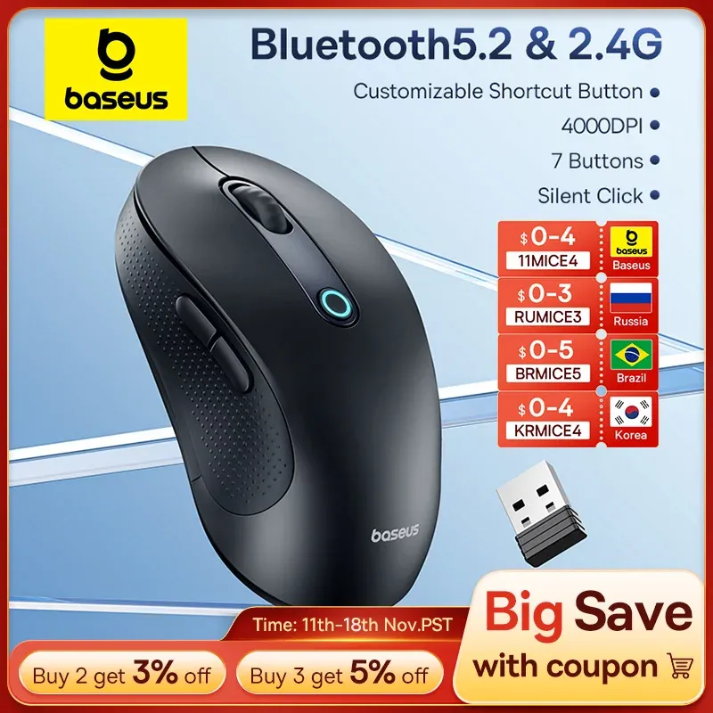 [1compra | Tx Inclusa] - Baseus F02 Mouse Sem Fio Bluetooth 5.2 2.4g 4000dpi Ergonmico 7 Botes